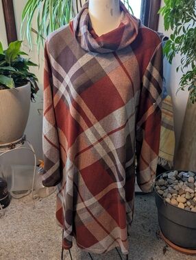 Excellent R & K LS Plaid Sweater Dress W/ Detachable Neckline Sz 14